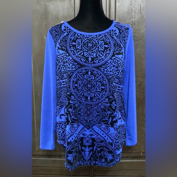 Onque Casual blue/blk longsleeves Tunic sweater -size Medium - Picture 1 of 11